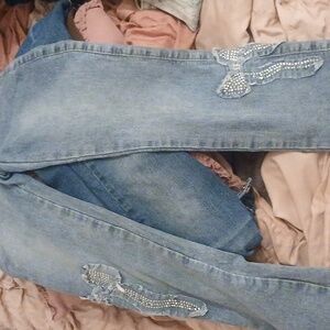 Kids Bedazzled Distressed Bows Blue Jeans